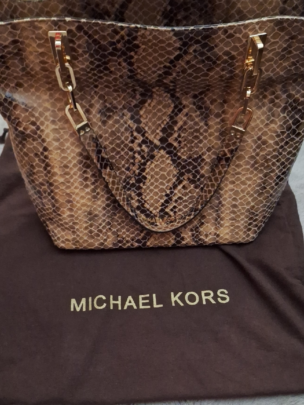 Michael Kors Tan/Brown Snake-Print Tote with Gold Hardware